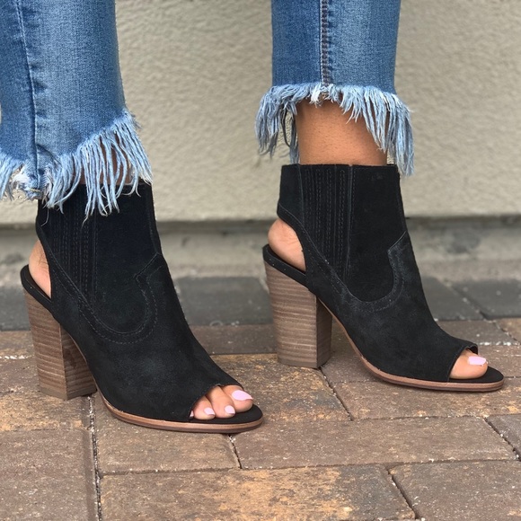 NIB Black Suede Peet Toe Open Back Ankle Bootie - Picture 5 of 8